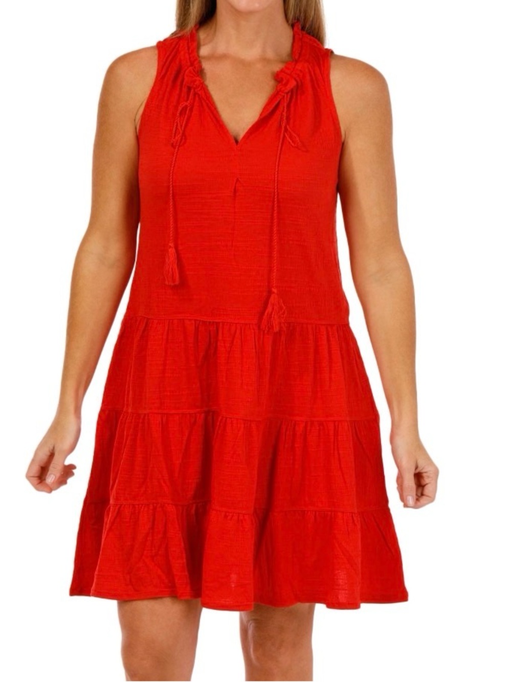 Max Studio Terra Cotta Sleeveless Crinkle Jersey Tiered Dress with Tassel Tie